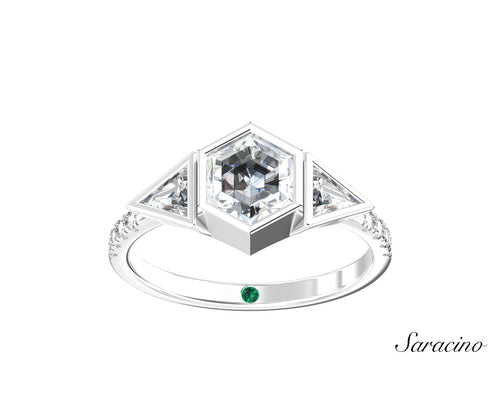 2ct Hexagon Diamond Engagement Ring w Trillian Cut Diamond Side Stones White Gold