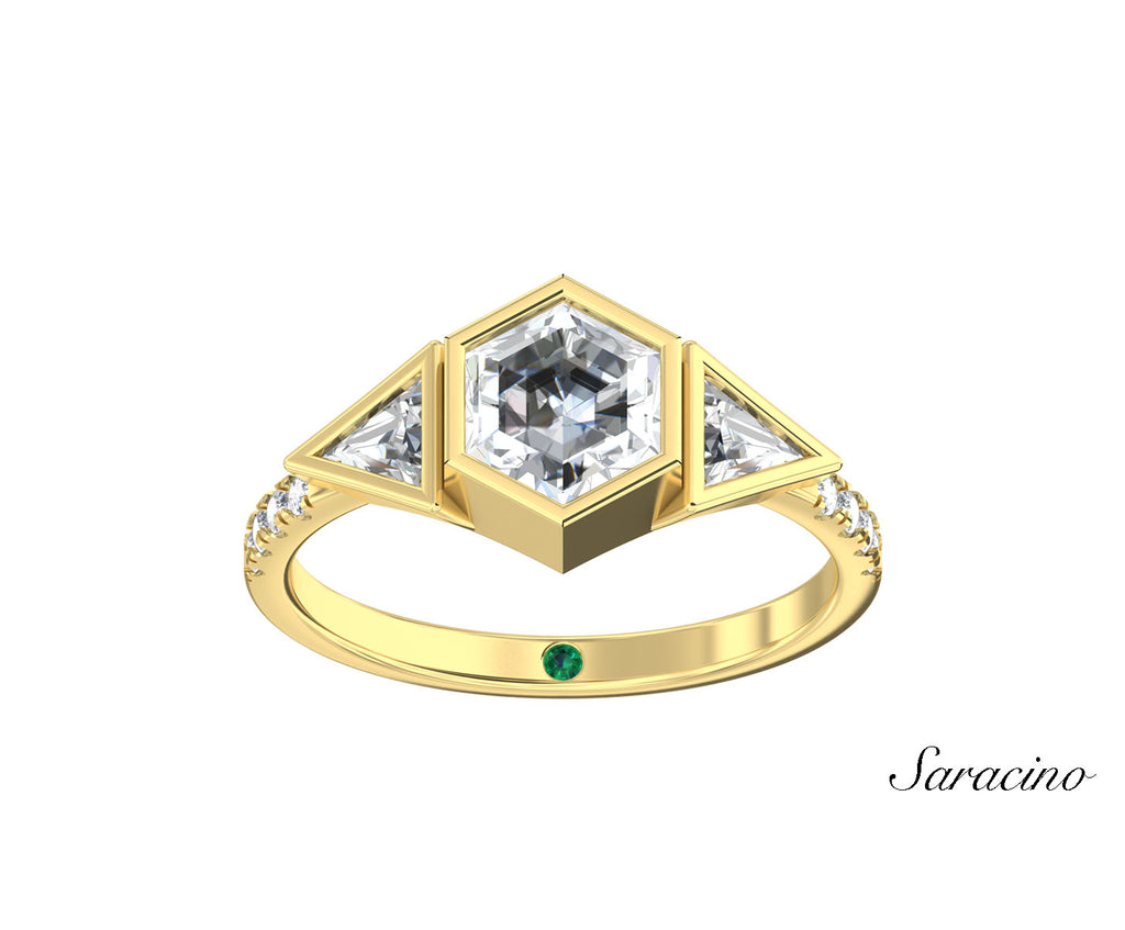 2ct Hexagon Diamond Engagement Ring w Trillian Cut Diamond Side Stones Yellow Gold