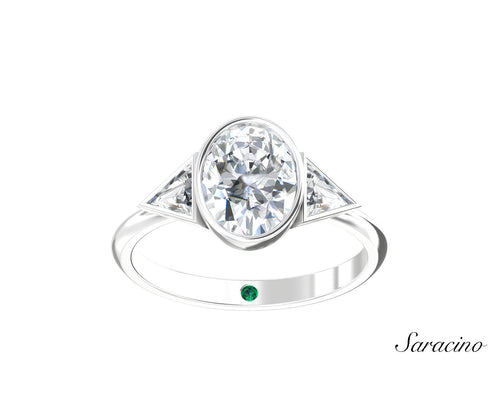 2ct Oval Bezel Set Diamond Engagement Ring w Bezel Set Trillion Cut Side Diamonds White Gold