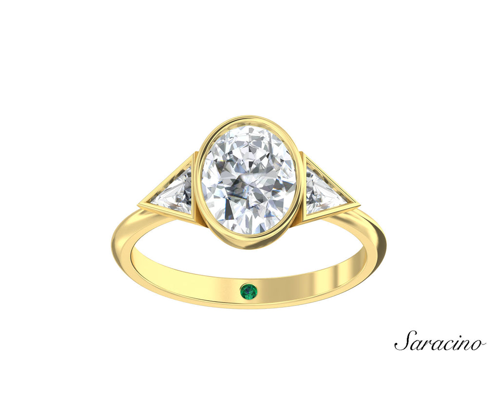 2ct Oval Bezel Set Diamond Engagement Ring w Bezel Set Trillion Cut Side Diamonds Yellow Gold