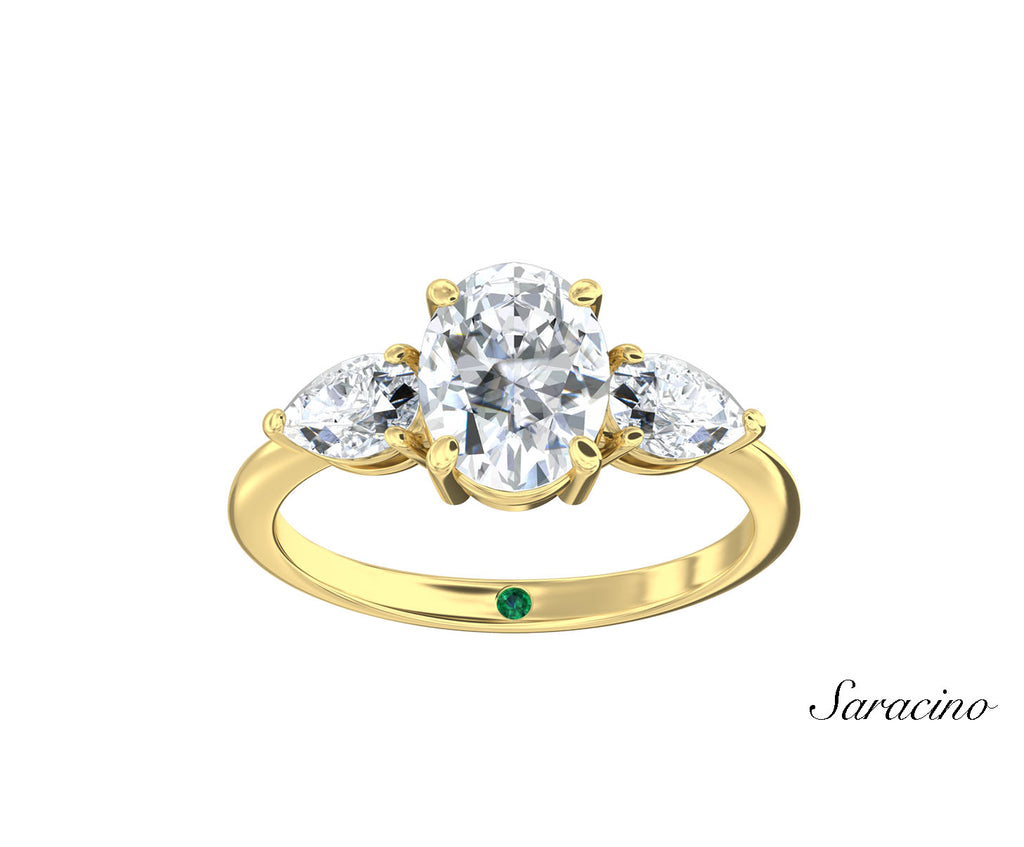 2ct Oval Diamond Engagement Ring w Pear Side Stones Yellow Gold
