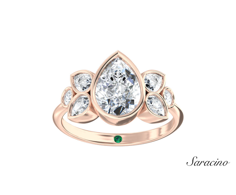 2ct Pear Bezel Set Diamond Engagement Ring w Bezel Set Side Diamonds Rose Gold