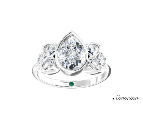 2ct Pear Bezel Set Diamond Engagement Ring w Bezel Set Side Diamonds White Gold