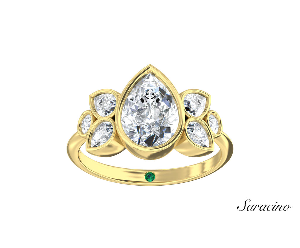 2ct Pear Bezel Set Diamond Engagement Ring w Bezel Set Side Diamonds Yellow Gold