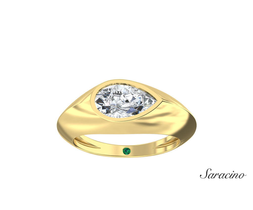2ct Pear Burnish Gypsy Set Diamond Engagement Ring Yellow Gold