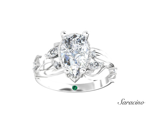 2ct Pear Diamond Engagement Ring w Diamond Leaf Band White Gold