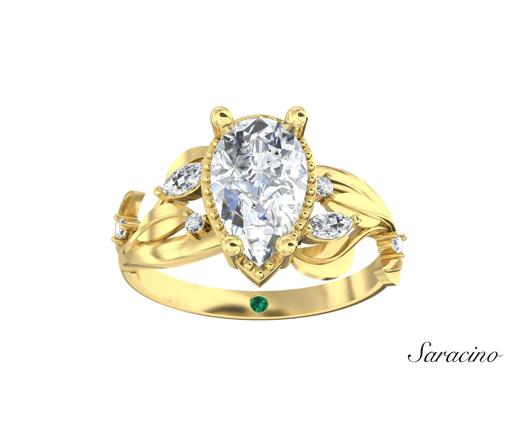 2ct Pear Diamond Engagement Ring w Diamond Leaf Band Yellow Gold