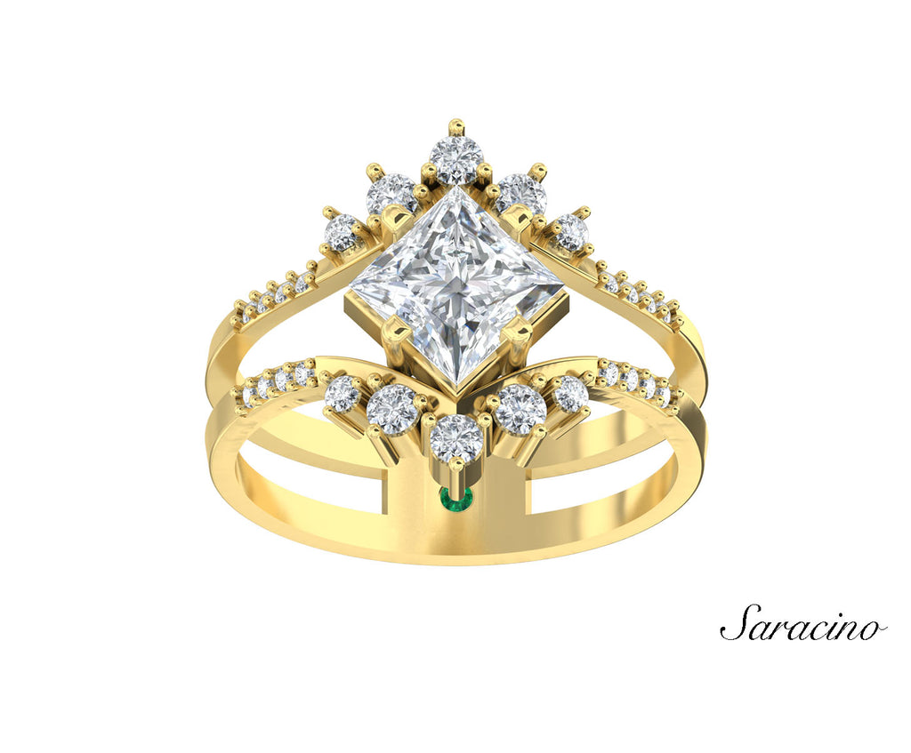 2ct Princess Cut Diamond Engagement Ring w Escalating Diamond Frame Yellow Gold