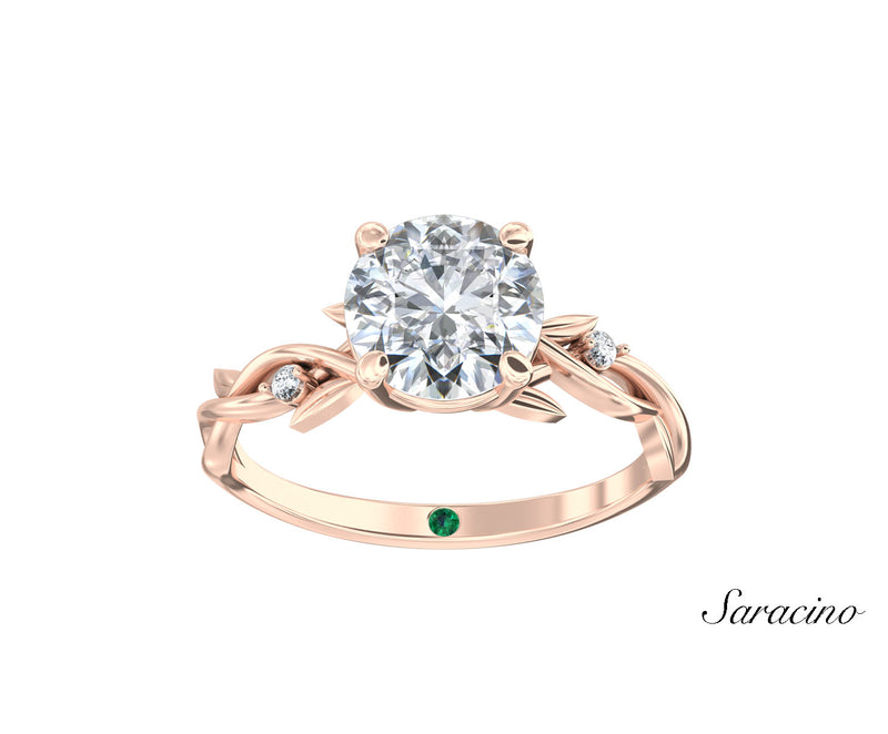 2ct Round Diamond Engagement Ring w Diamond Leaf Band Rose Gold