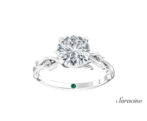 2ct Round Diamond Engagement Ring w Diamond Leaf Band White Gold