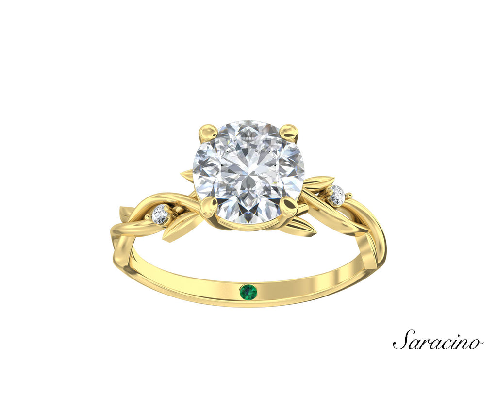 2ct Round Diamond Engagement Ring w Diamond Leaf Band Yellow Gold