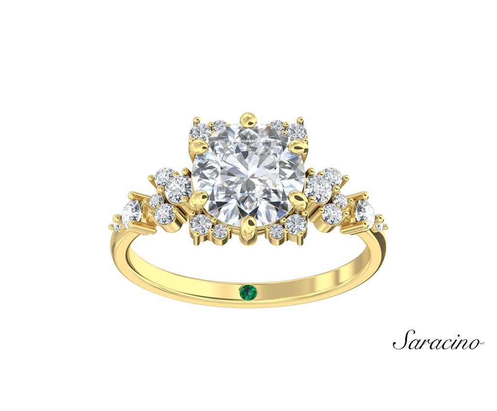 2ct Round Diamond Engagement Ring w Round Bubble Diamonds Yellow Gold
