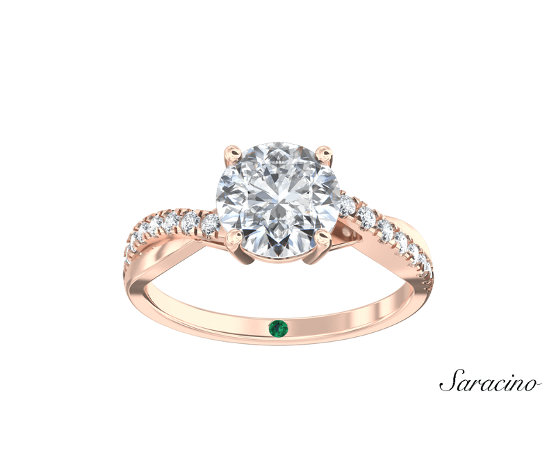 2ct Round Diamond Wavy Engagement Ring w Half Diamond Band 18K Rose Gold