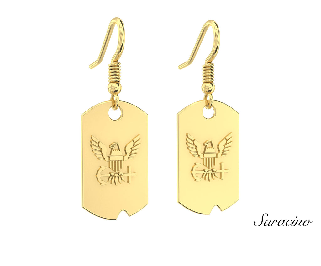 US Navy Dog Tag Earrings Yellow Gold