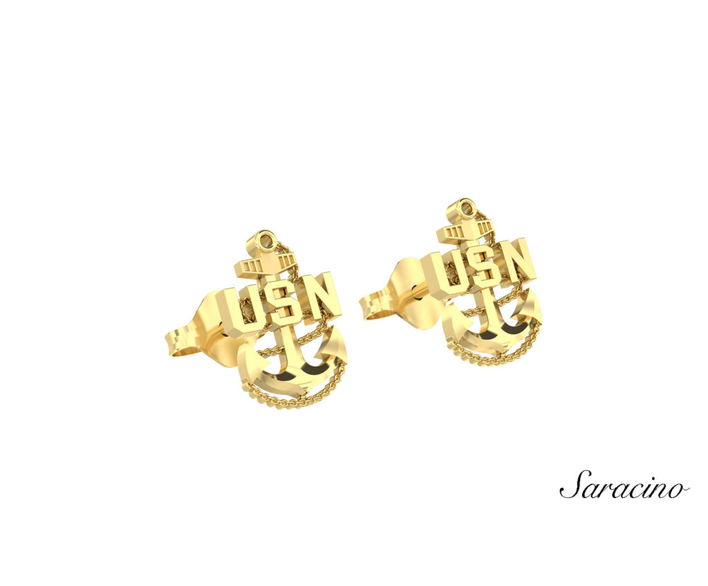 US Navy Anchor Stud Earrings Yellow Gold