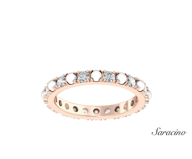 Alternating Pearl and Round Diamond Eternity Wedding Band Rose Gold