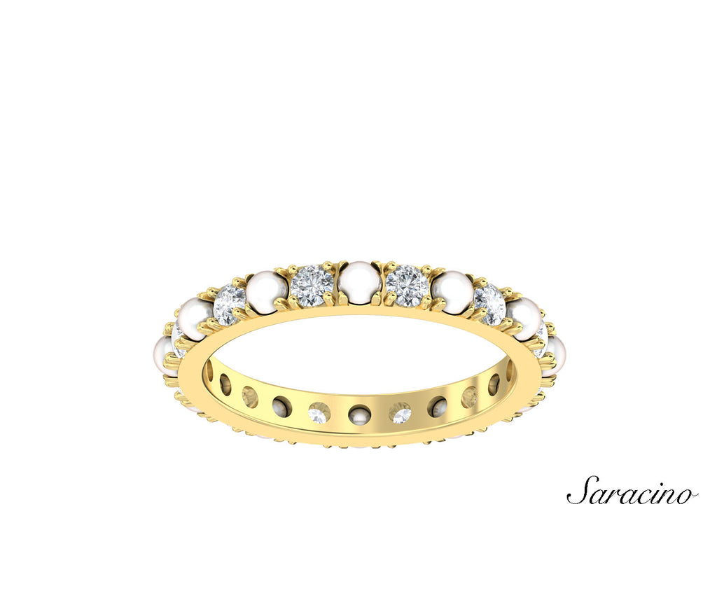 Alternating Pearl and Round Diamond Eternity Wedding Band Yellow Gold