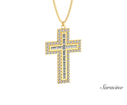 Baguette Diamond Cross Pendant w Round Diamond Perimeter