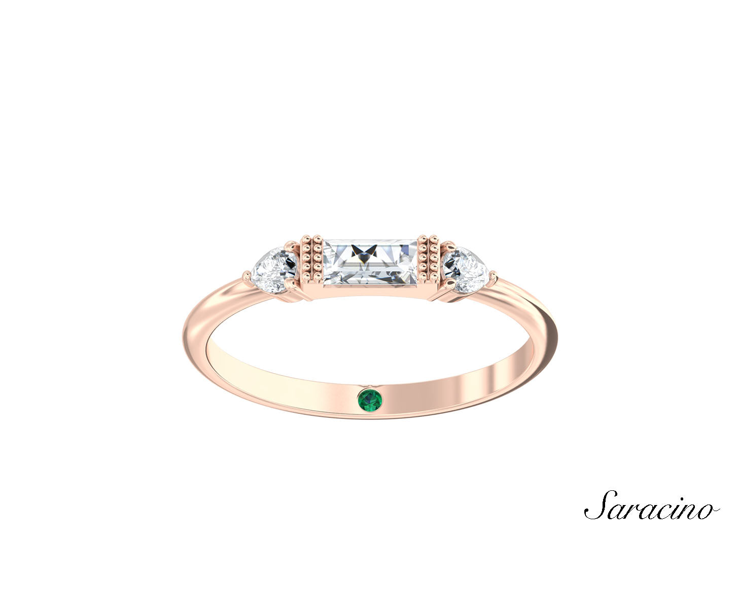 Baguette Diamond Wedding Band w Pear Side Diamonds Rose Gold