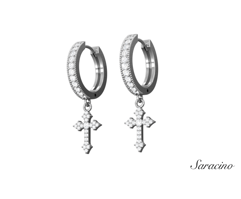 Round Diamond Huggie Earrings w Medieval Diamond Cross