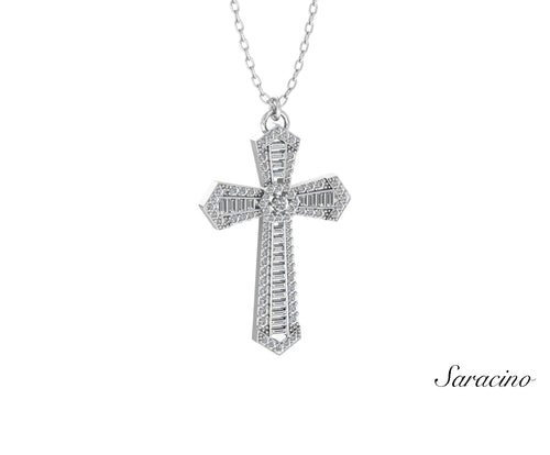 Emperor Diamond Cross Necklace w Round & Baguette Diamonds