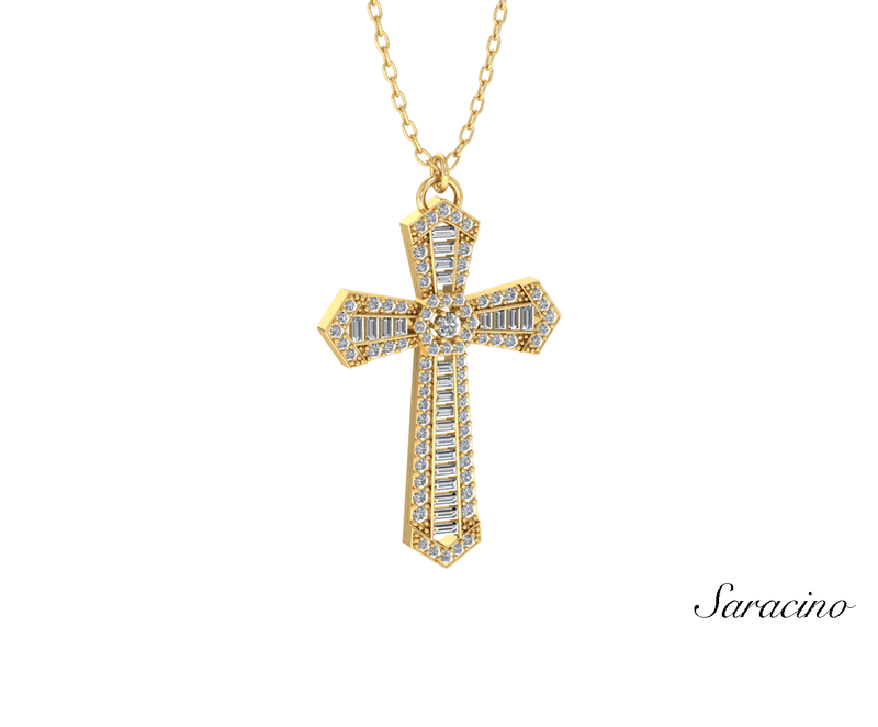 Emperor Diamond Cross Necklace w Round & Baguette Diamonds