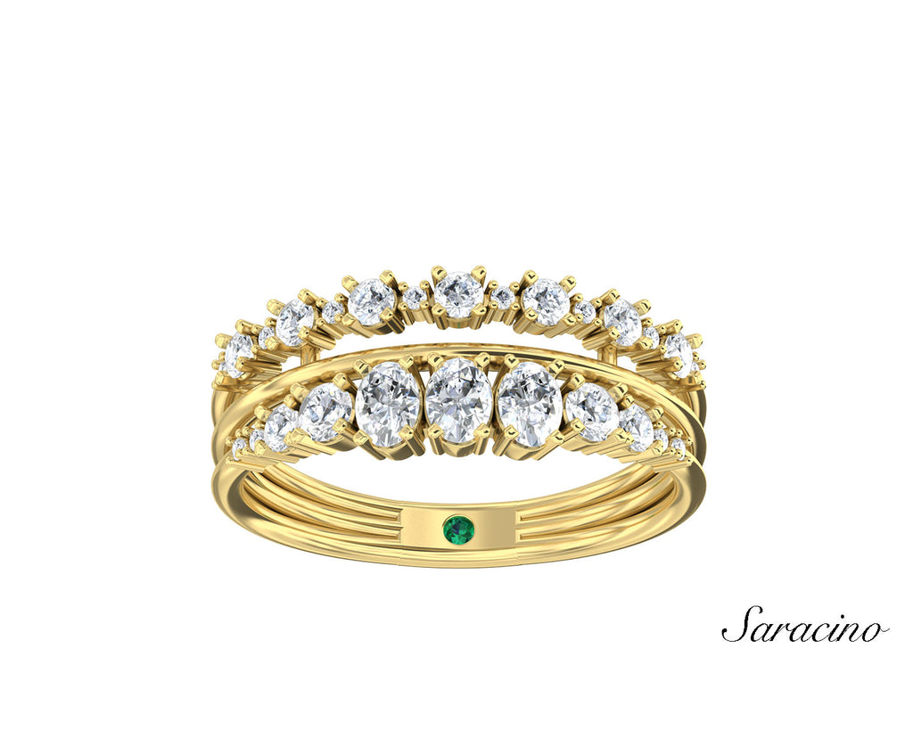 Oval Diamond 2 Row Floating Wedding Band Yellow Gold