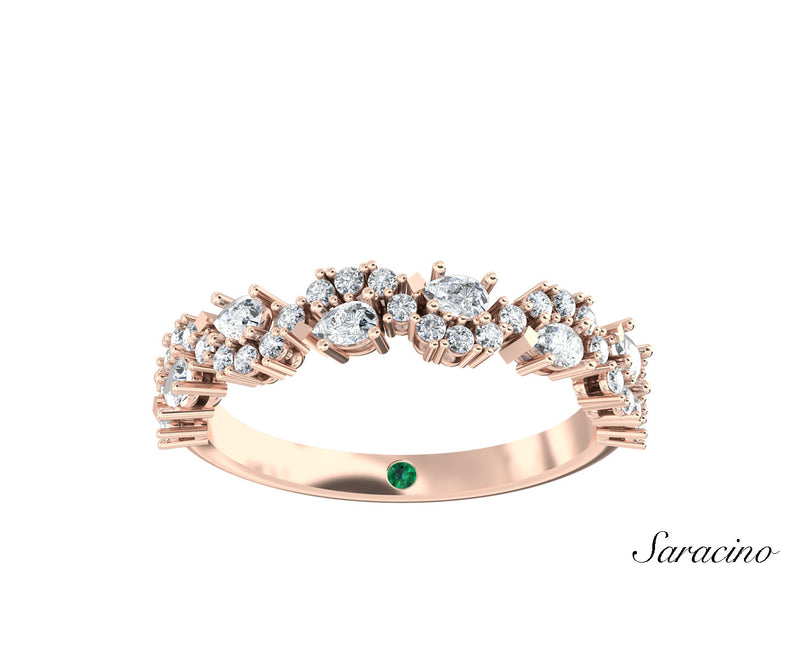 Pear Diamond Half Eternity Wedding Band w River Round Diamonds Rose Gold