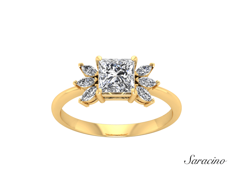 1.2ct Princess Cut Diamond Engagement Ring w Marquise Sides & Full Diamond Band