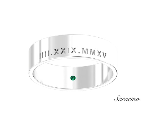 Roman Numeral Date Wedding Band White Gold