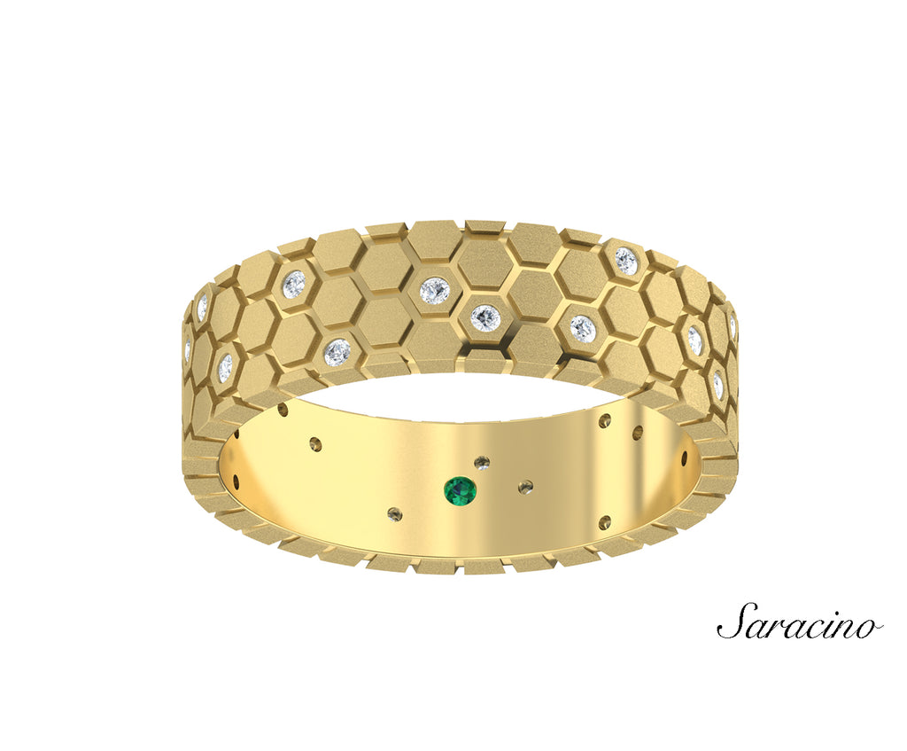 Scattered Diamond Honeycomb Wedding Band Yellow Gold