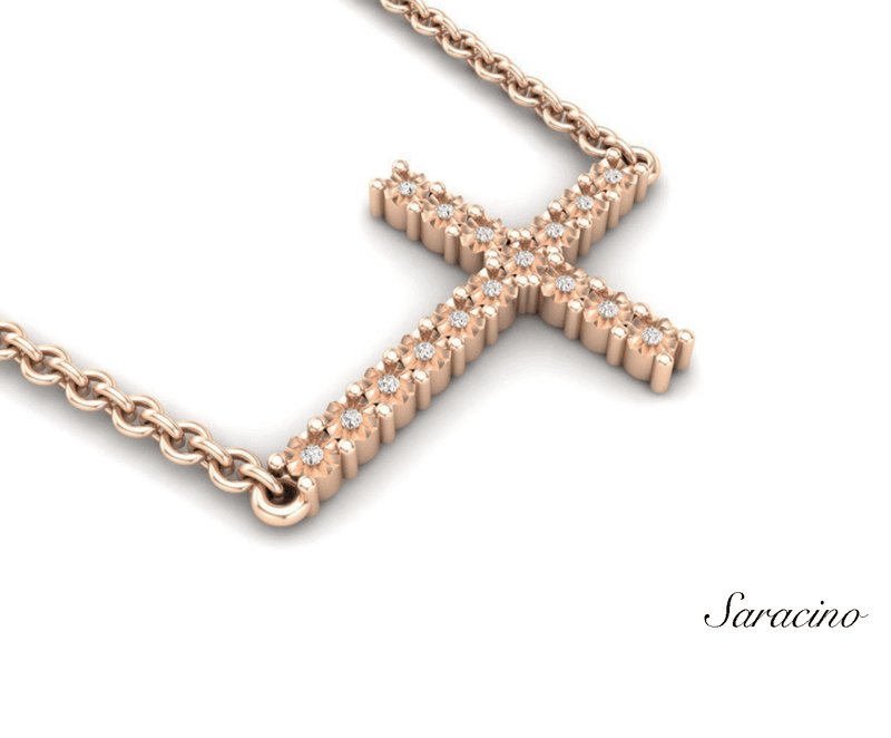 Sideways Cross Necklace in 14k Rose Gold (18 in) | Shane Co.