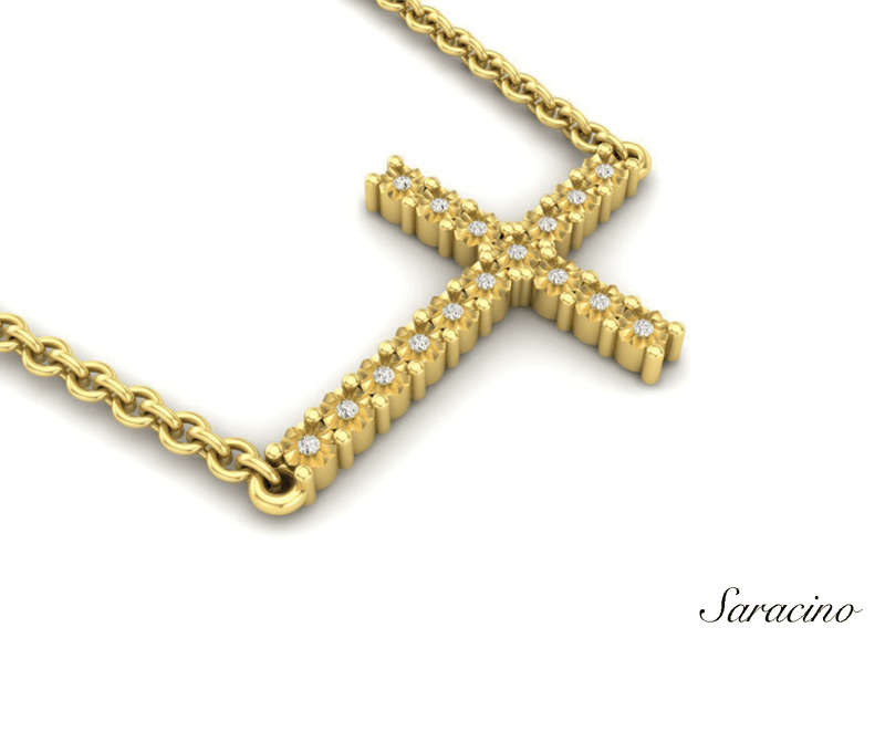 Diamond Sideways Cross Necklace (14K, Yellow Gold, .04ct)