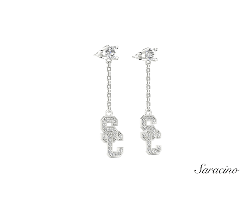 USC Diamond Stud Earrings w Diamond Dangle SC Charm 14K White Gold