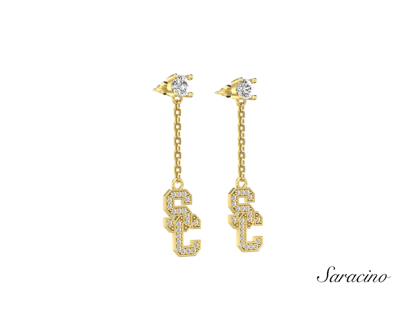 USC Diamond Stud Earrings w Diamond Dangle SC Charm 14K Yellow Gold