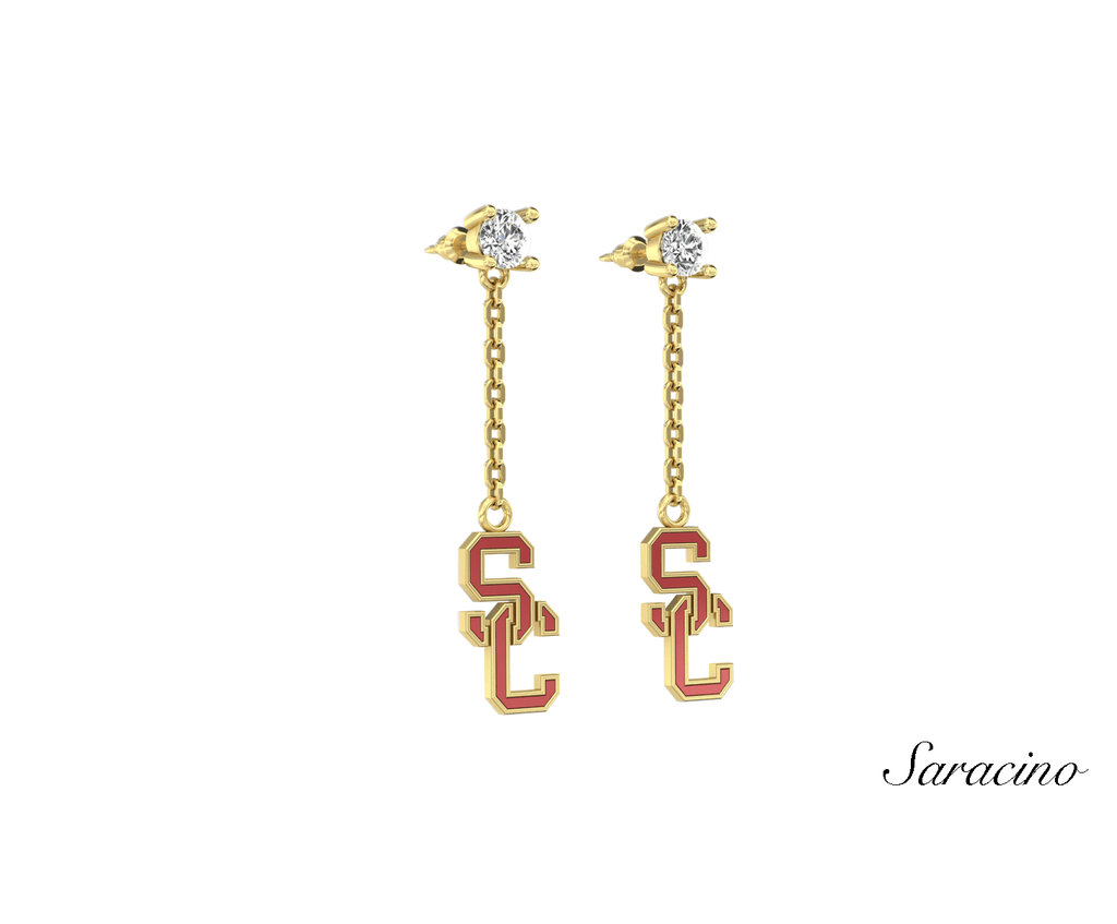 USC Diamond Stud Earrings w Enamel Dangle SC Charm 14K Yellow Gold