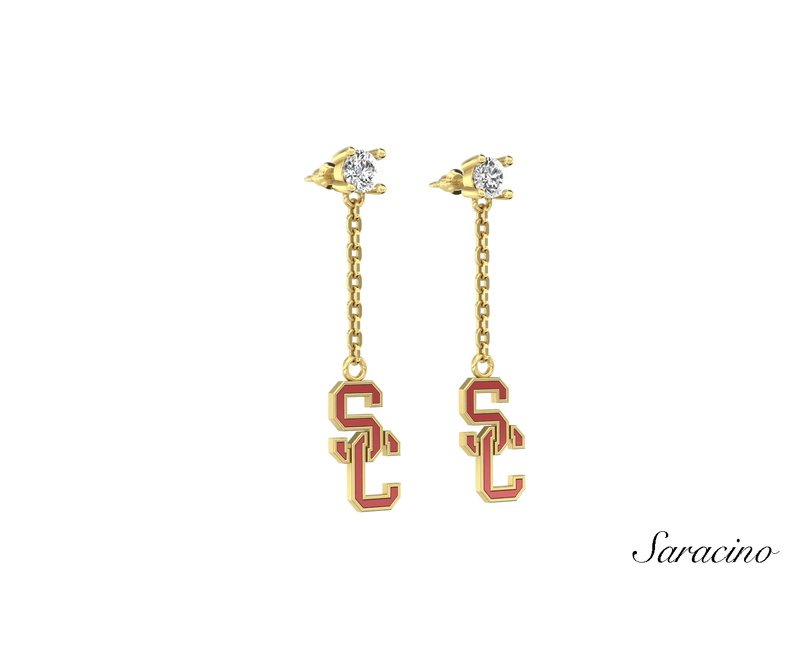 USC Diamond Stud Earrings w Enamel Dangle SC Charm 14K Yellow Gold