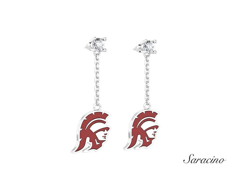 USC Diamond Stud Earrings w Enamel Dangle Trojans Charm 14K White Gold