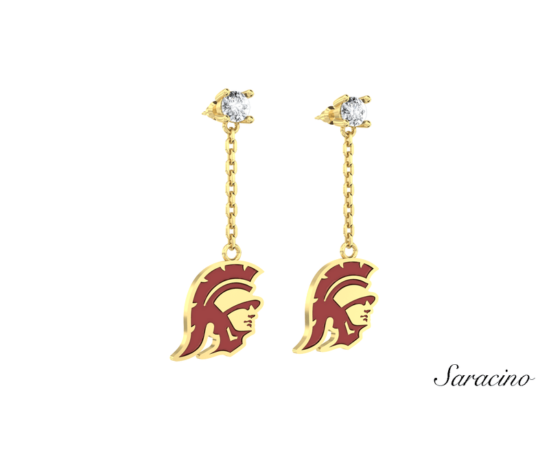 USC Diamond Stud Earrings w Enamel Dangle Trojans Charm 14K Yellow Gold
