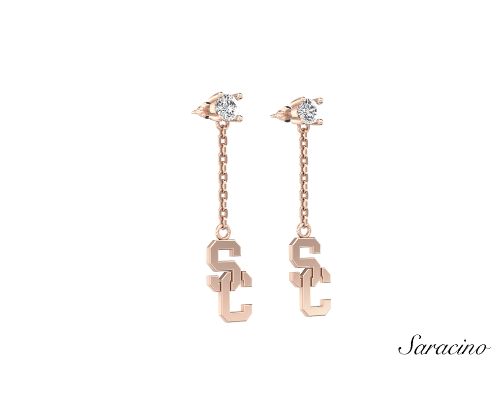 USC Diamond Stud Earrings w Gold Dangle SC Charm 14K Rose Gold