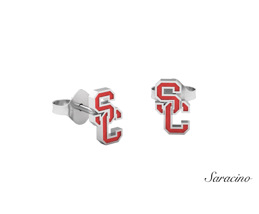 USC Enamel Stud Earrings 14K White Gold