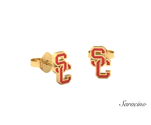 USC Enamel Stud Earrings 14K Yellow Gold