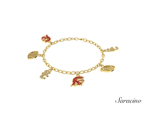 USC Football Charm Bracelet w Diamonds 14K Yellow Gold