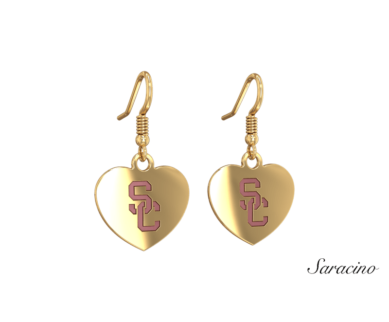 USC Gold Heart Earrings w Enamel 14K Yellow Gold