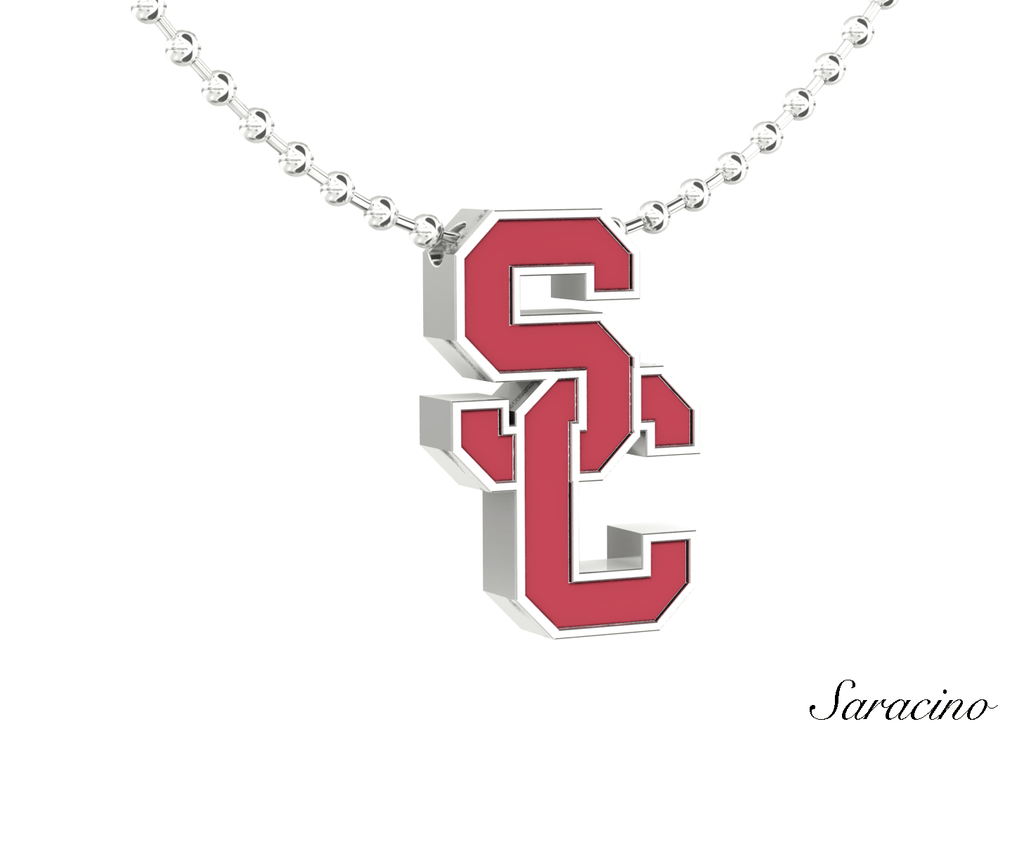 USC Enamel SC Charm Necklace 14K White Gold