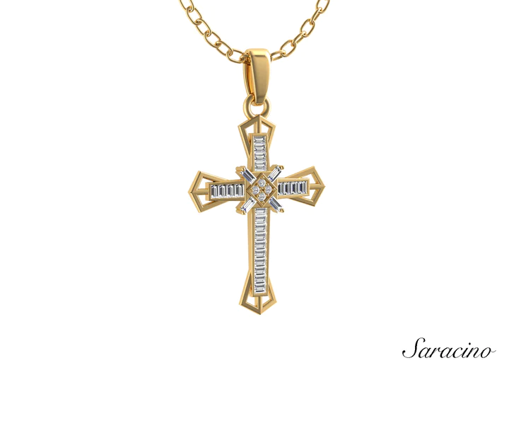 The Baguette gold and diamond cross pendant