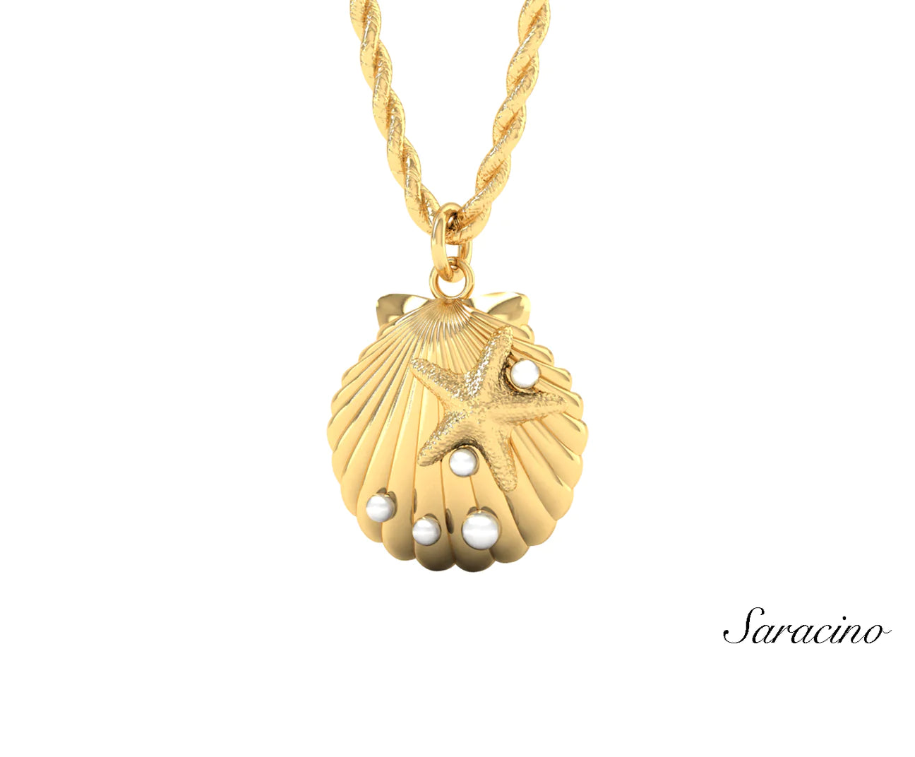 gold seashell medallion with white pearls