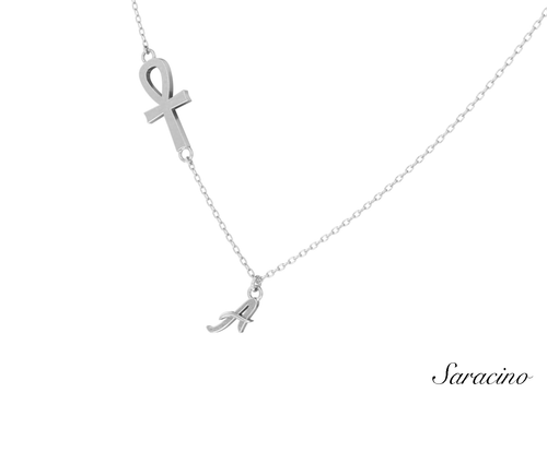 Ankh Cross Necklace w Initial Pendant in White Gold