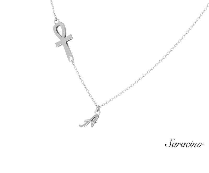 Ankh Cross Necklace w Initial Pendant in White Gold