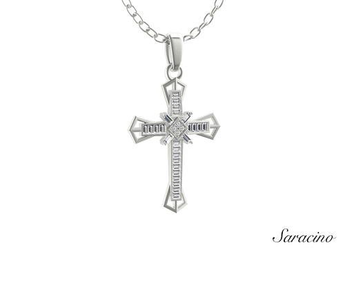 Baguette Diamond Cross Pendant w Star Center 14K White Gold